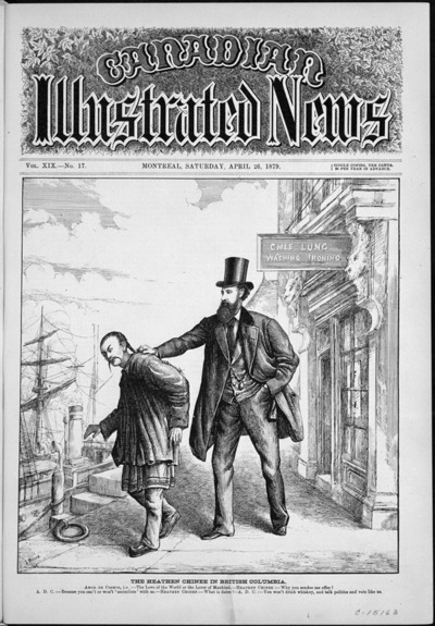 Titre original&nbsp;:  MIKAN 2914880 MIKAN 2914880: The Heathen Chinese In British Columbia. April 26th, 1879 (A cartoon from the Canadian Illustrated News, 1879, entitled The Heathen Chinee in British Columbia.) [214 KB, 600 X 863]