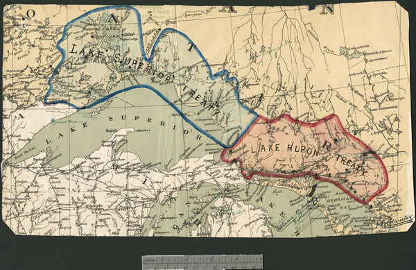 Original title:  MIKAN 3695854 [Plan showing those areas of Ontario north of the Great Lakes affected by the Lake Superior Treaty and the Lake Huron Treaty] [cartographic material]. [1917]. [302 KB, 1000 X 649]