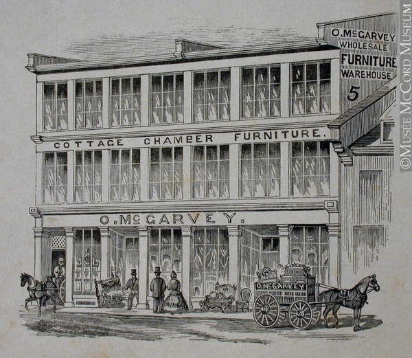 Titre original :  Engraving O. McGarvey wholesale furniture warehouse John Henry Walker (1831-1899) 1850-1885, 19th century Ink on paper on supporting paper - Wood engraving 10.2 x 12.3 cm Gift of Mr. David Ross McCord M930.50.7.300 © McCord Museum Keywords:  Architecture (8646) , commercial (1771) , Print (10661)