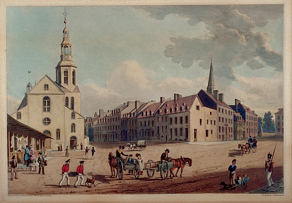 Titre original&nbsp;:  Québec, Bas-Canada. Vue du marché et de l'église catholique depuis les casernes, rue de la Fabrique.