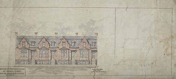 Titre original :  Sketch of Proposed Houses St-Patrick Street for the Estate E.J. Price. Collection du Musée national des beaux-arts du Québec. Aquarelle et mine de plomb sur papier, entre 1900 et 1925. 
Artiste: Staveley, Harry.