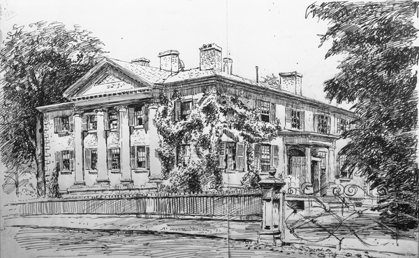 Original title:  From Toronto Public Library. William Allan's home, 'Moss Park', Sherbourne St., west side, south of Shuter St., Toronto, Ont. By Owen Staples. 1889. Reproduced in 'Evening Telegram' series 