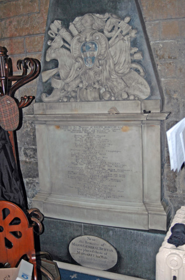 Titre original :    Description English: Monument to Maj. Gen. Ralph Burton d. 24th September 1768 Tucked away behind the coat rack in the church of St. Mary, Cottingham, is this memorial to Maj. Gen. Ralph Burton who had a distinguished military career in North America during the Seven Years War. As a Lt. Col. he commanded the 48th Regiment of Foot at the battle of Monongahela in 1755 http://www.britishbattles.com/braddock.htm when a force under Gen. Braddock suffered a disastrous defeat at the hands of the French and their Indian allies. George Washington was also present at this battle. Although wounded Burton survived to participate in the eventual defeat of the French at Quebec in 1759. Date 2 April 2008(2008-04-02) Source From geograph.org.uk Author David Wright

Camera location 53° 46' 55.79