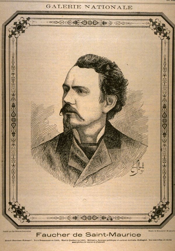 Original title:  Faucher de Saint-Maurice Henri-Narcisse-Édouard. Né à Beaumont en 1844. Mort à Québec en 1897. Militaire, homme politique et surtout écrivain distingué. Ses nouvelles et récits sont pleins de verve et d'attrait / [image fixe] : Edmond-Joseph Massicotte